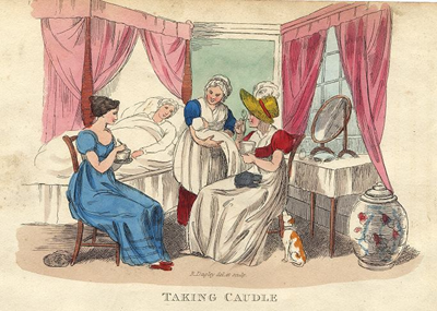 "Taking Caudle" (baby, midwifery) drawn and etched by Richard Dagley, published in Takings, or, the Life of a Collegian, 1821. Copper etching with original hand colouring. Slight soiling and age browning, close trimmed to top marging with slight loss. Size about 16 x 12.5 cms including title, plus margins. Ref F3256. Courtesy of http://www.ancestryimages.com/